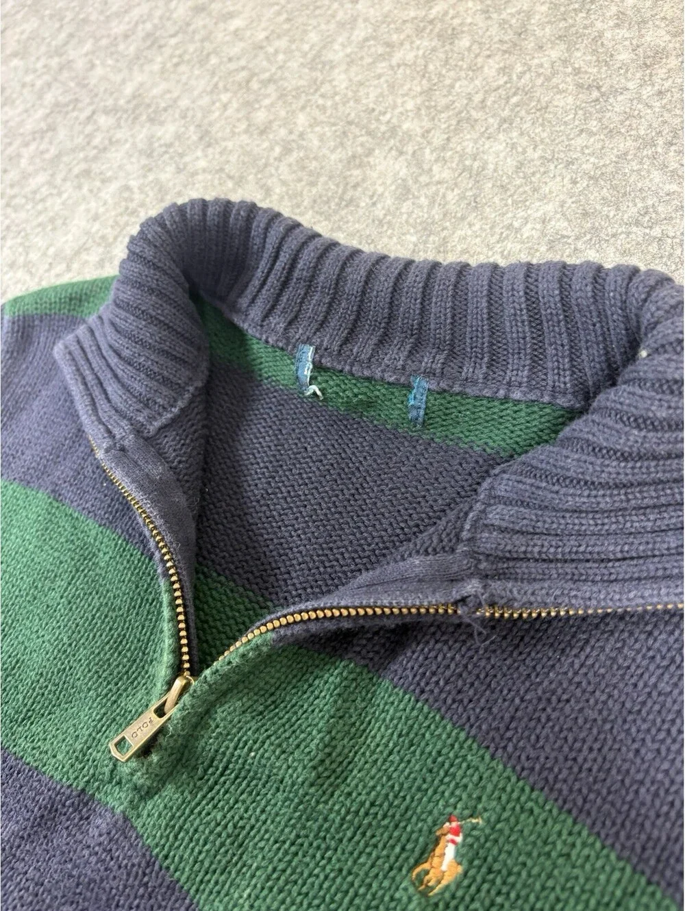 Polo Ralph Lauren Sweater Youth  Medium Blue Striped Flesh Pony 1/4 Zip Pullover